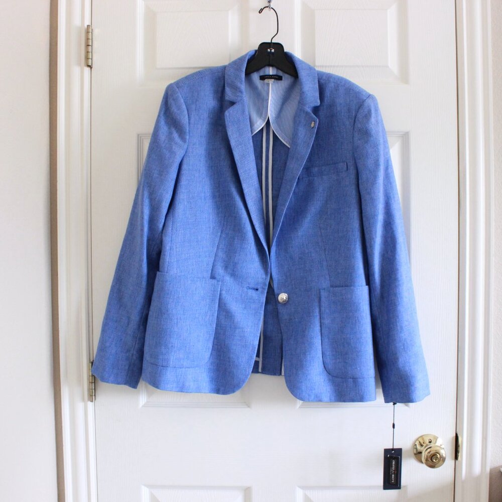 Tommy Hilfiger Sky Blue Linen-Blend Single-Button Blazer